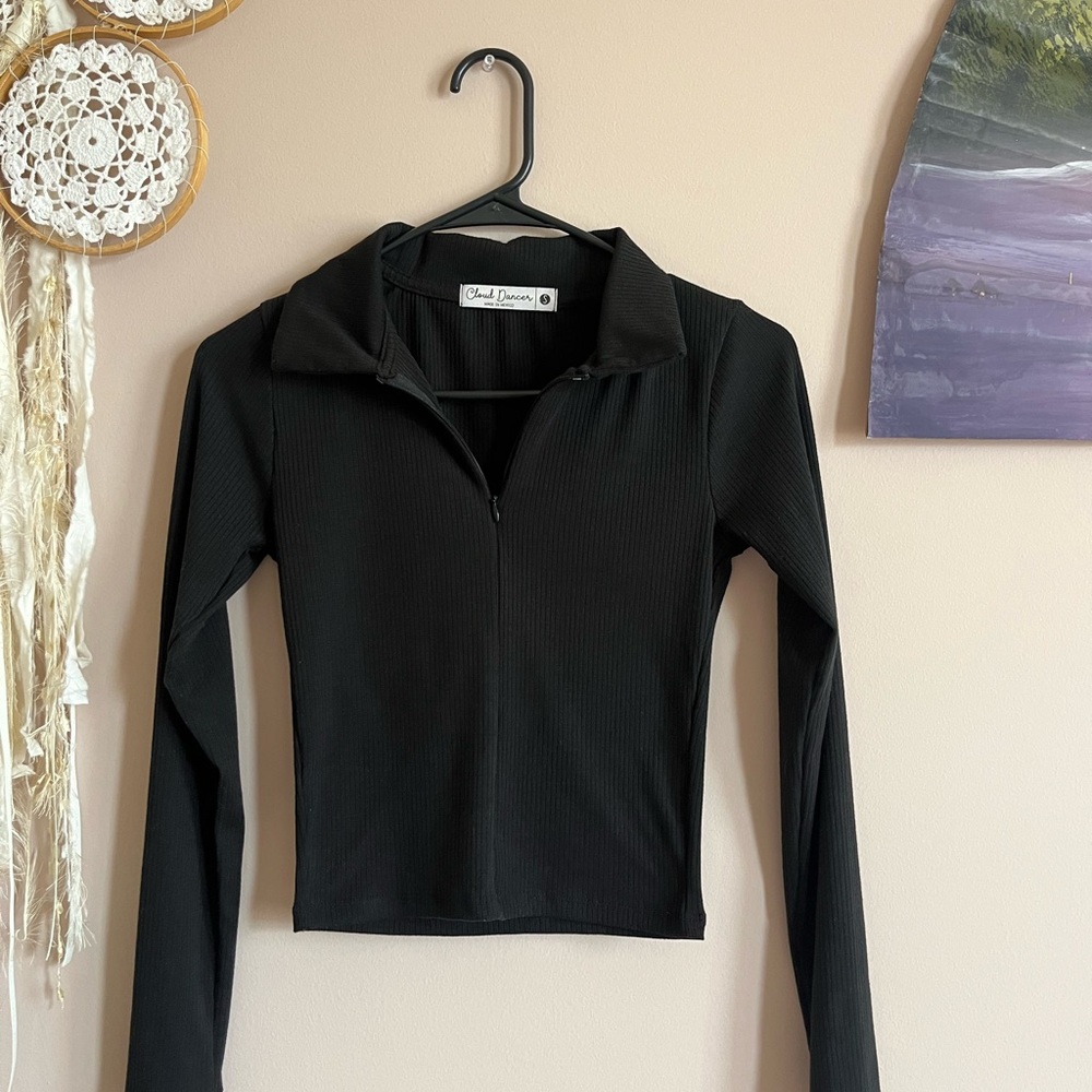 Black Fitted Crop Polo Long Sleeve Top